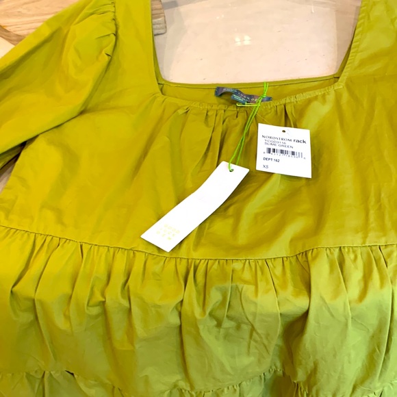 Good Luck Gem Lime Slime Green Tier Ruffle Square Neck Balloon Puff Sleeve Dress - Picture 10 of 15